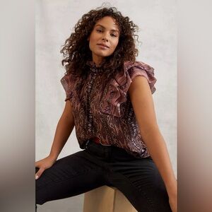 Anthropologie Othilia Caricia Ruffled Blouse Neutral Motif SIZE:1X